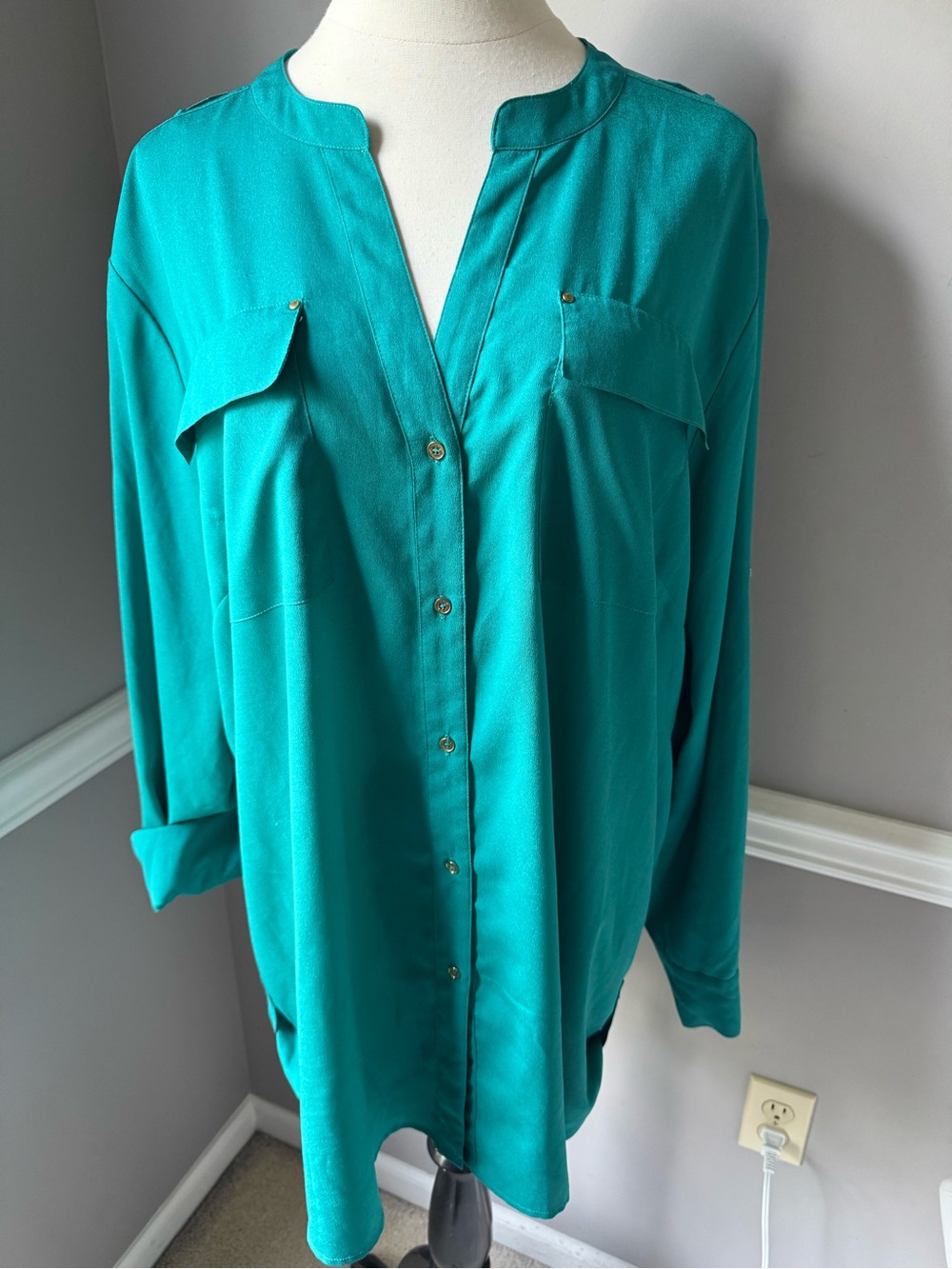 Calvin Klein Teal V-Neck Button Blouse